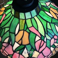 Tiffany Stained Glass Shade Bronze Lion Head Pattern Table Lamp Made USA 1950s