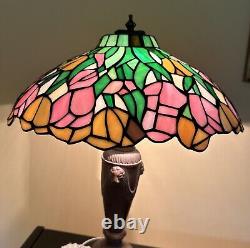 Tiffany Stained Glass Shade Bronze Lion Head Pattern Table Lamp Made USA 1950s