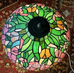 Tiffany Stained Glass Shade Bronze Lion Head Pattern Table Lamp Made USA 1950s