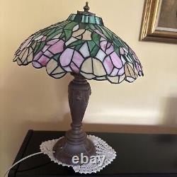 Tiffany Stained Glass Shade Bronze Lion Head Pattern Table Lamp Made USA 1950s