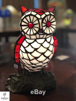 Tiffany Style 11 Brown, White and Red Owl Accent Lamp. Stained Glass