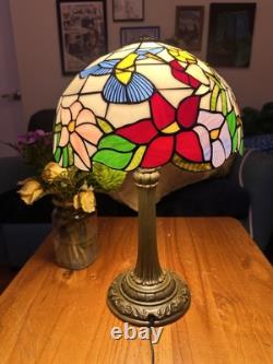 Tiffany Style 14 Tall Lamp Domed Stained Glass Hummingbird Floral Brand New