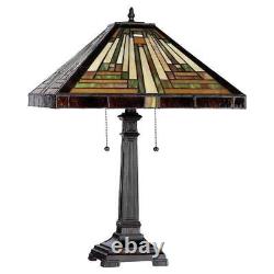 Tiffany Style 2-Light Antique Bronze Finish Mission Stained Glass Table Lamp