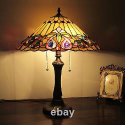 Tiffany Style 2 Light Table Lamp Gold with Jewels Stain Glass Antique Brass Finish