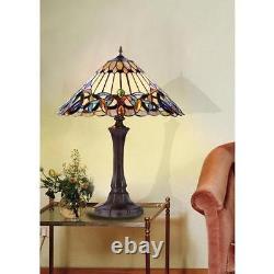 Tiffany Style 2 Light Table Lamp Gold with Jewels Stain Glass Antique Brass Finish