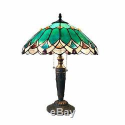 Tiffany Style 2 Light Table Lamp Green Brown Stained Glass Shade Antiques Bronze