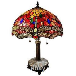 Tiffany Style 2-Light Table Lamp Red Yellow Dragonfly Jewels Stained Glass