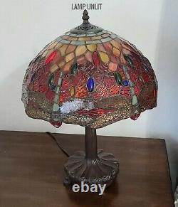 Tiffany Style 2-Light Table Lamp Red Yellow Dragonfly Jewels Stained Glass