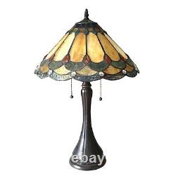 Tiffany Style 2-Light Table Lamp Yellow Orange Stained Glass w Jewels 22 High