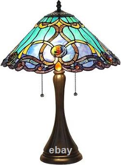 Tiffany Style 2-Light Victorian Sea Green Stained Glass Table Lamp 21 H 16 W