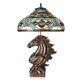 Tiffany-style 24in Ranchero Stained Glass Table Lamp Horse Statue Open Box