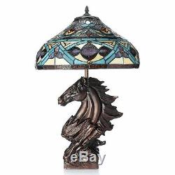 Tiffany-Style 24in Ranchero Stained Glass Table Lamp Horse Statue Open Box