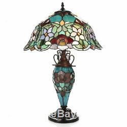 Tiffany-Style 24in Rose Double Lit Stained Glass Table Lamp Open Box