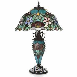 Tiffany-Style 24in Rose Double Lit Stained Glass Table Lamp Open Box