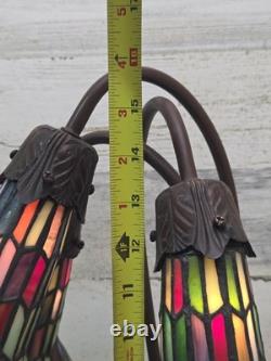Tiffany Style 3 Tulip Stained Glass Table Lamp Lily Pad Base Colorful Beautiful
