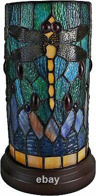 Tiffany Style Accent Lamp Stained Glass Yellow Red Dragonfly Floral Shade