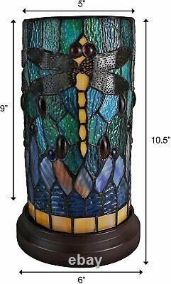 Tiffany Style Accent Lamp Stained Glass Yellow Red Dragonfly Floral Shade