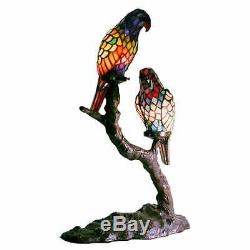 Tiffany Style Accent Stained Glass Table Lamp Exotic Birds Parrots