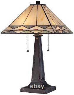 Tiffany Style Accent Table Lamp Bronze Glass Art Square Shade for Living Room
