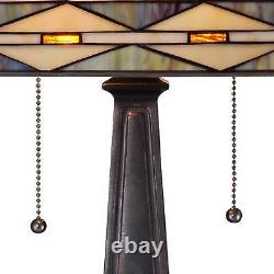 Tiffany Style Accent Table Lamp Bronze Glass Art Square Shade for Living Room