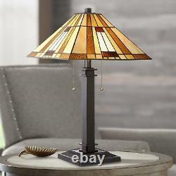 Tiffany Style Accent Table Lamp Mission Bronze Amber Art Glass for Living Room