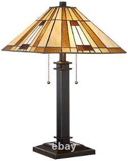 Tiffany Style Accent Table Lamp Mission Bronze Amber Art Glass for Living Room