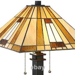 Tiffany Style Accent Table Lamp Mission Bronze Amber Art Glass for Living Room