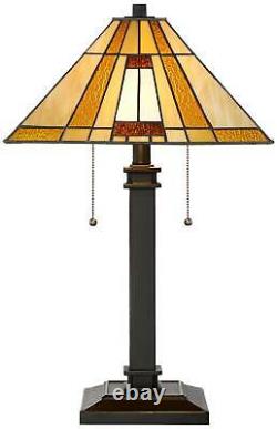 Tiffany Style Accent Table Lamp Mission Bronze Amber Art Glass for Living Room