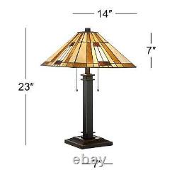 Tiffany Style Accent Table Lamp Mission Bronze Amber Art Glass for Living Room