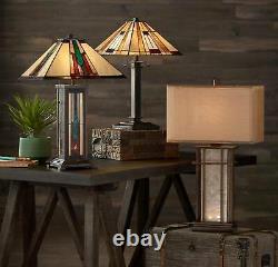 Tiffany Style Accent Table Lamp Mission Bronze Amber Art Glass for Living Room