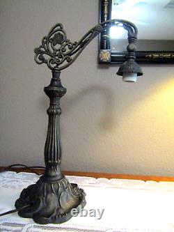 Tiffany Style / Art Nouveau / Cast Iron Bridge Arm / Stained Glass / TABLE LAMP