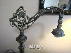 Tiffany Style / Art Nouveau / Cast Iron Bridge Arm / Stained Glass / TABLE LAMP