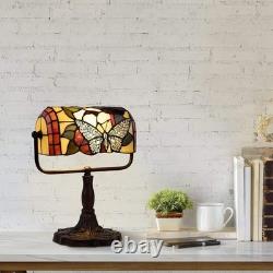 Tiffany Style Bankers Lamp-Stained Glass Butterfly Design Table or Desk Light LE