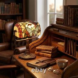 Tiffany Style Bankers Lamp-Stained Glass Butterfly Design Table or Desk Light LE