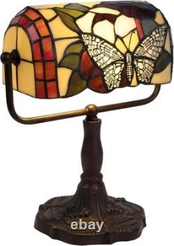 Tiffany Style Bankers Lamp-Stained Glass Butterfly Design Table or Desk Light LE
