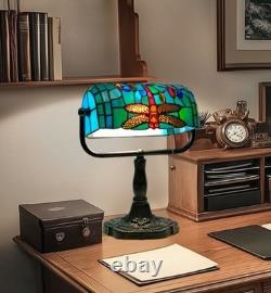 Tiffany Style Bankers Table Lamp Stained Glass Dragonfly Desk Bedside Light
