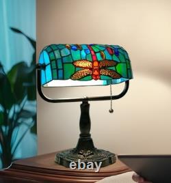 Tiffany Style Bankers Table Lamp Stained Glass Dragonfly Desk Bedside Light