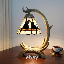 Tiffany Style Black Cat Decor Stained Glass Table Lamp Rustic Antler Night Light