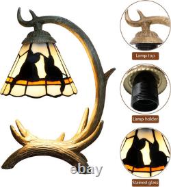 Tiffany Style Black Cat Decor Stained Glass Table Lamp Rustic Antler Night Light