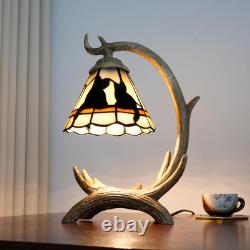 Tiffany Style Black Cat Decor Stained Glass Table Lamp Rustic Antler Night Light