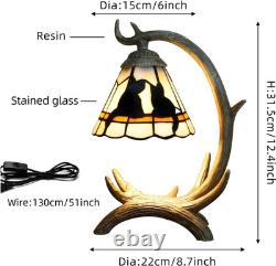 Tiffany Style Black Cat Decor Stained Glass Table Lamp Rustic Antler Night Light