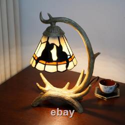 Tiffany Style Black Cat Decor Stained Glass Table Lamp Rustic Antler Night Light
