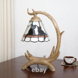 Tiffany Style Black Cat Decor Stained Glass Table Lamp Rustic Antler Night Light