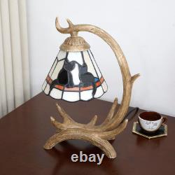 Tiffany Style Black Cat Decor Stained Glass Table Lamp Rustic Antler Night Light