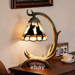 Tiffany Style Black Cat Decor Stained Glass Table Lamp Rustic Antler Night Light
