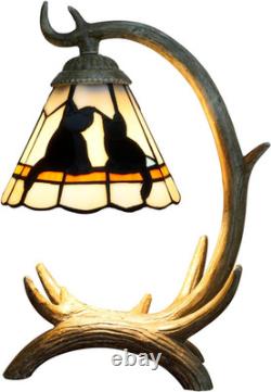 Tiffany Style Black Cat Decor Stained Glass Table Lamp Rustic Antler Night Light