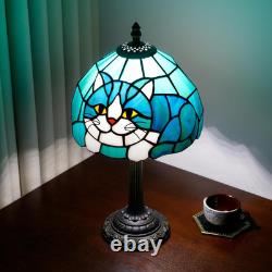 Tiffany Style Blue Cat Stained Glass Table Lamp Small Bedside Night Light 14