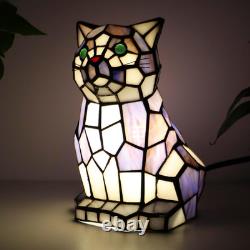 Tiffany Style Blue White Cat Stained Glass Table Lamp Animal Accent Home Decor Tiffany Style Blue White Cat Stained Glass Table Lamp Animal Accent Home Decor