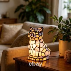 Tiffany Style Blue White Cat Stained Glass Table Lamp Animal Accent Home Decor Tiffany Style Blue White Cat Stained Glass Table Lamp Animal Accent Home Decor
