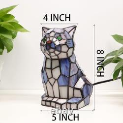 Tiffany Style Blue White Cat Stained Glass Table Lamp Animal Accent Home Decor